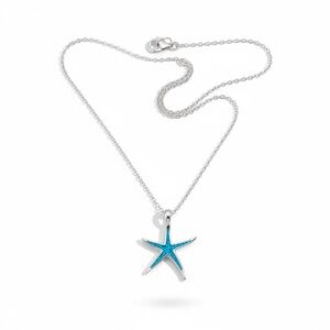 Silver Blue Starfish Pendant Necklace Coastal Beach Jewelry